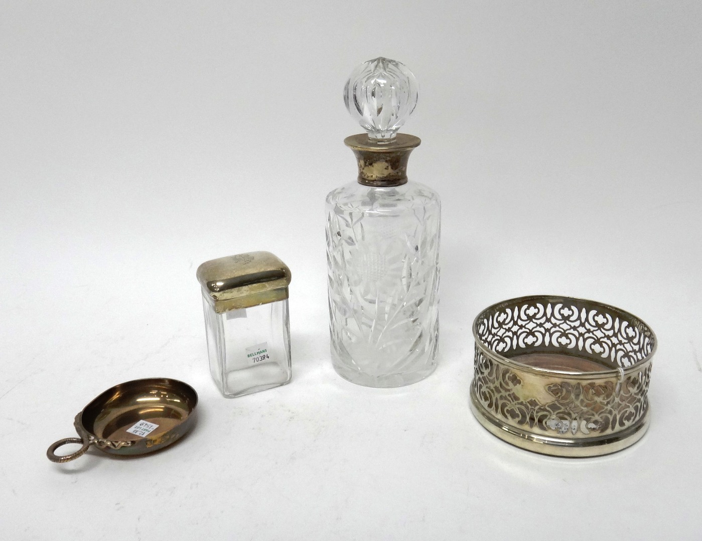 Appraisal: Silver and silver mounted wares comprising a faceted glass decanter