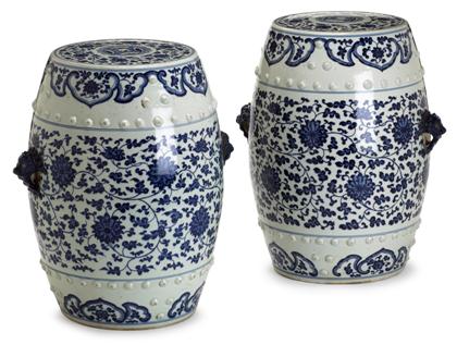 Appraisal: Pair of Chinese Ming-style blue and white garden seatsDrum form