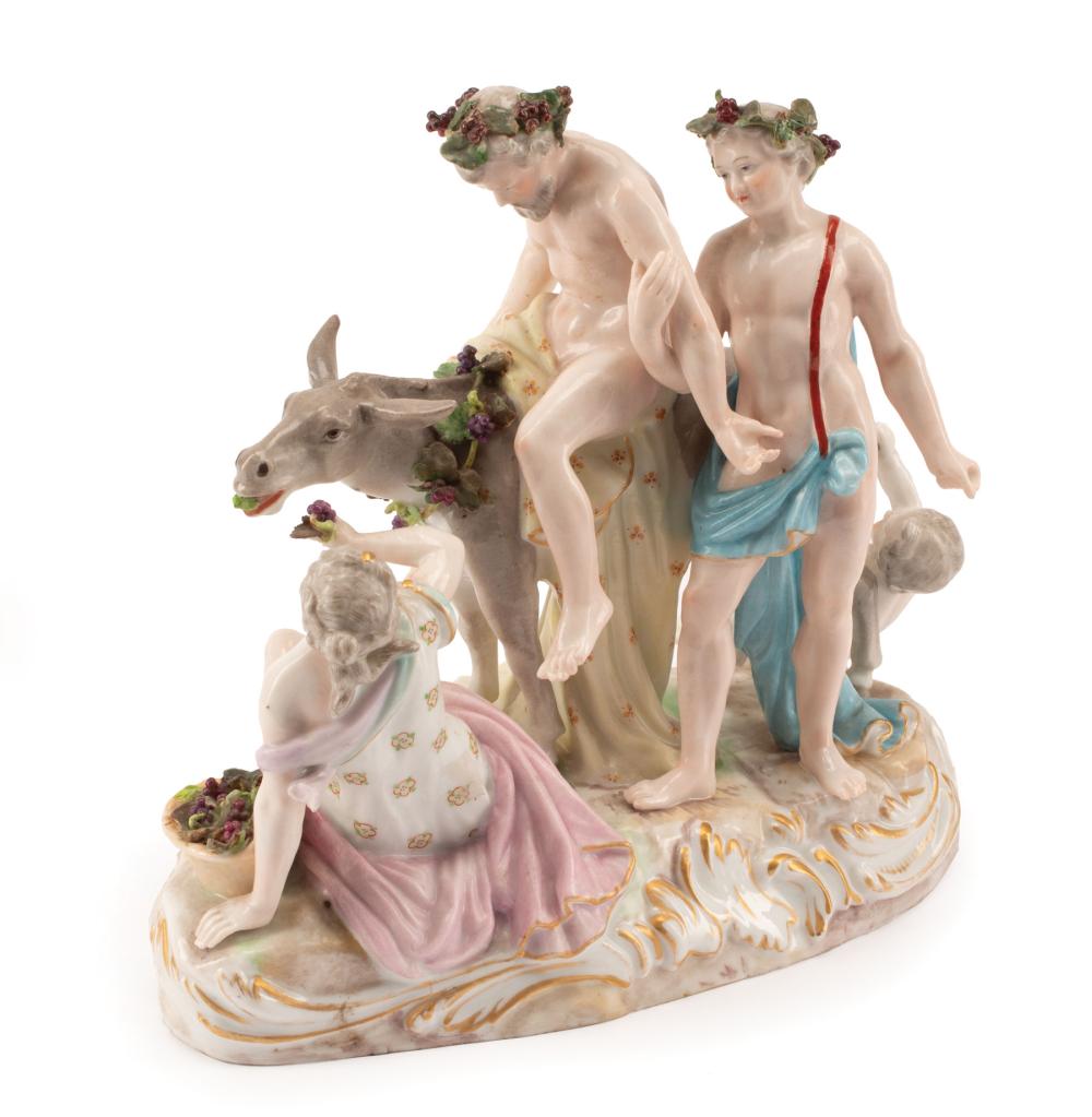 Appraisal: Meissen Polychrome and Gilt Porcelain Figural Group of Silenus Bacchus