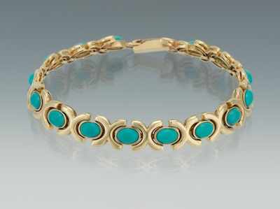 Appraisal: A Ladies' Turquoise and Gold Bracelet k yellow gold bracelet