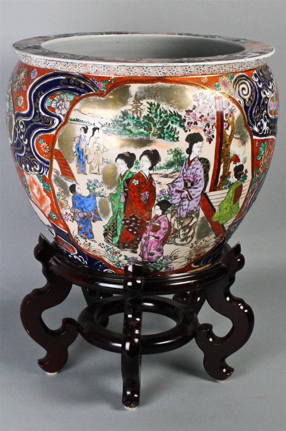 Appraisal: MODERN CHINESE FISH BOWL ON WOOD STAND of globular form