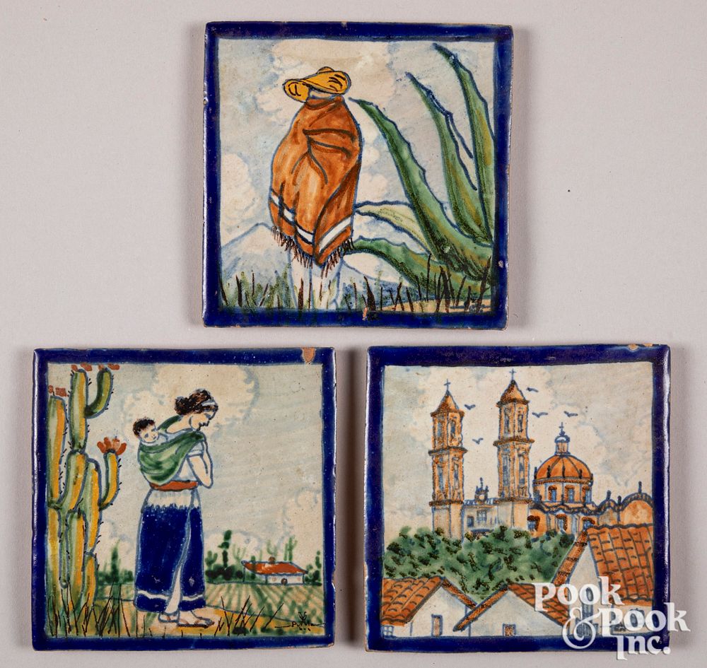 Appraisal: Three vintage Mexican Pueblo glazed tiles Three vintage Mexican Pueblo