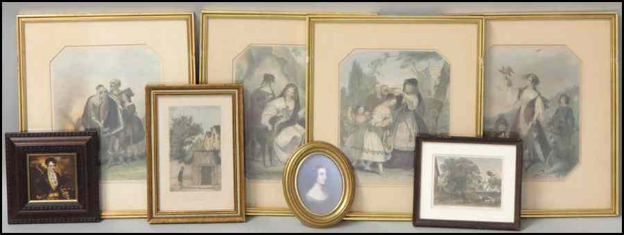 Appraisal: GROUP OF FOUR COLORED ENGRAVINGS Together with an oil on