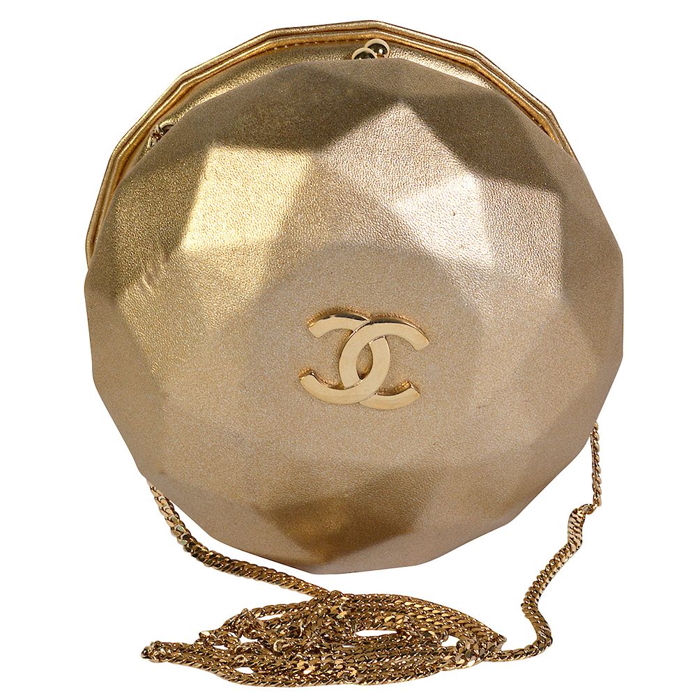 Appraisal: Round Faceted CHANEL Metallic Gold Evening Bag Chanel round faceted