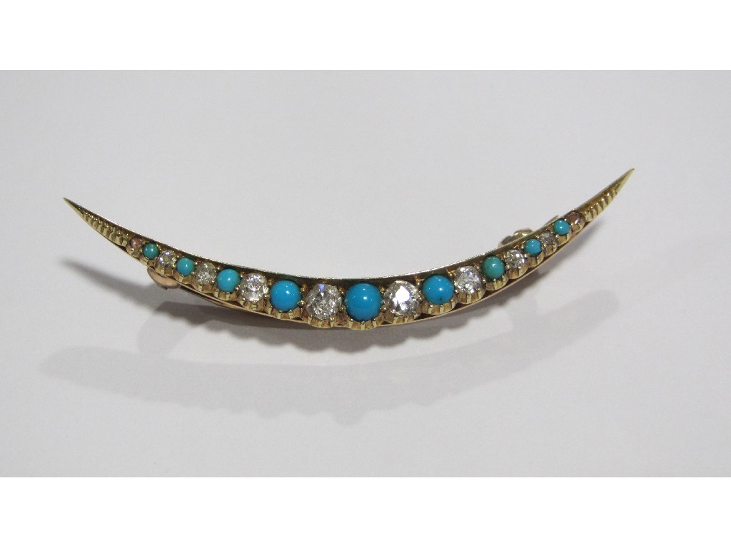 Appraisal: Victorian unmarked gold turquoise and diamond set crescent brooch