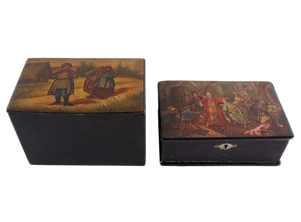 Appraisal: TWO ANTIQUE RUSSIAN LACQUERED JEWELRY BOXESthe lid with a scene