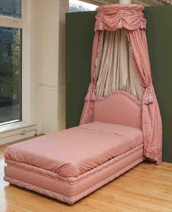 Appraisal: PINK COTTON UPHOLSTERED BED WITH ADJUSTABLE CANOPY MODERN Together with