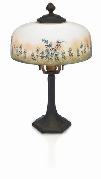 Appraisal: A Handel patinated-metal and American exterior painted glass lamp early