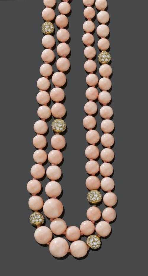 Appraisal: CORAL AND DIAMOND NECKLACE ca Yellow gold Very fancy two-row