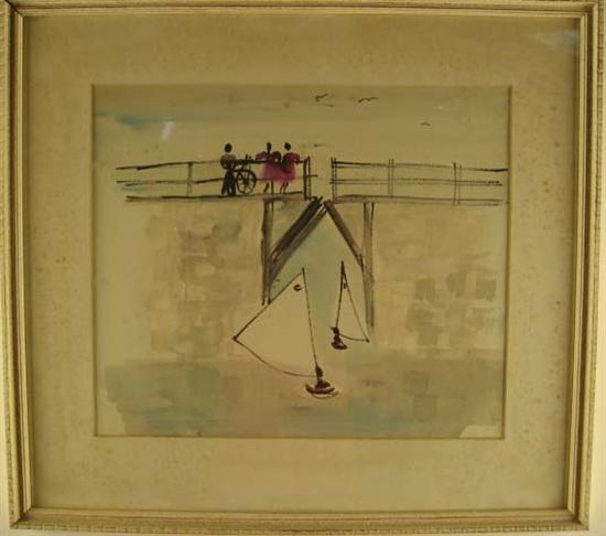 Appraisal: Watercolor of People on Bridge and Sailboats Framed Some spotting