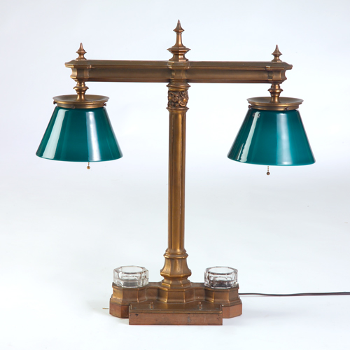 Appraisal: Bronze bank lamp fitted with two green glass shades and