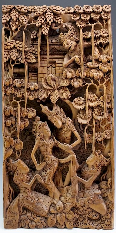 Appraisal: Siam Thai Deep Carved Relief Figural Wooden Screen Vintage Thai