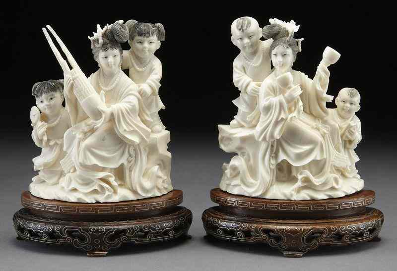 Appraisal: Pr Chinese carved ivory figural groups International buyers should note