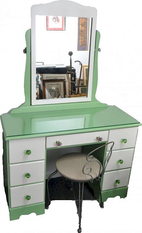 Appraisal: VINTAGE GREEN WHITE VANITY W MIRROR CHAIR Vintage - s