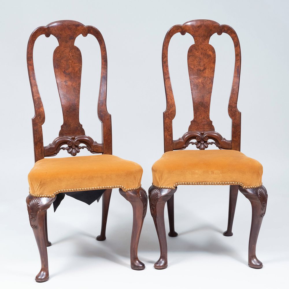 Appraisal: Pair of Queen Anne Style Burl-Walnut and Walnut Side Chairs