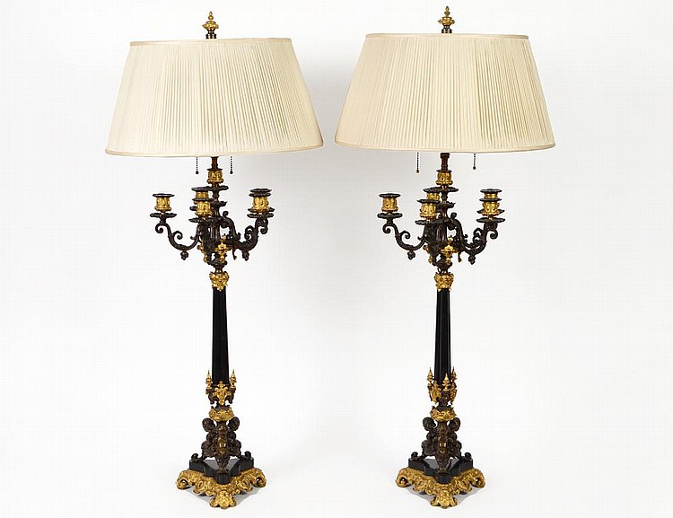 Appraisal: PAIR OF NAPOLEAN III BRONZE FIVE-LIGHT CANDELABRACirca Mounted as lamps