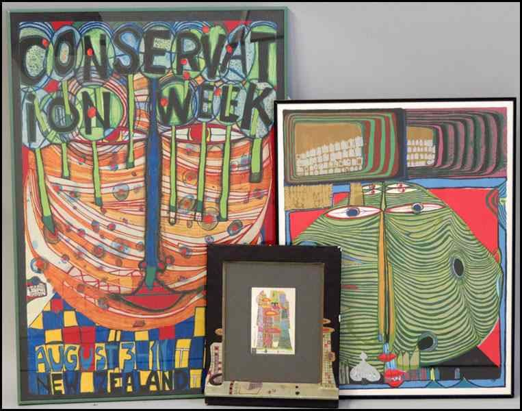 Appraisal: GROUP OF THREE FRAMED PRINTS AFTER FRIEDENSREICH HUNDERTWASSER Various sizes