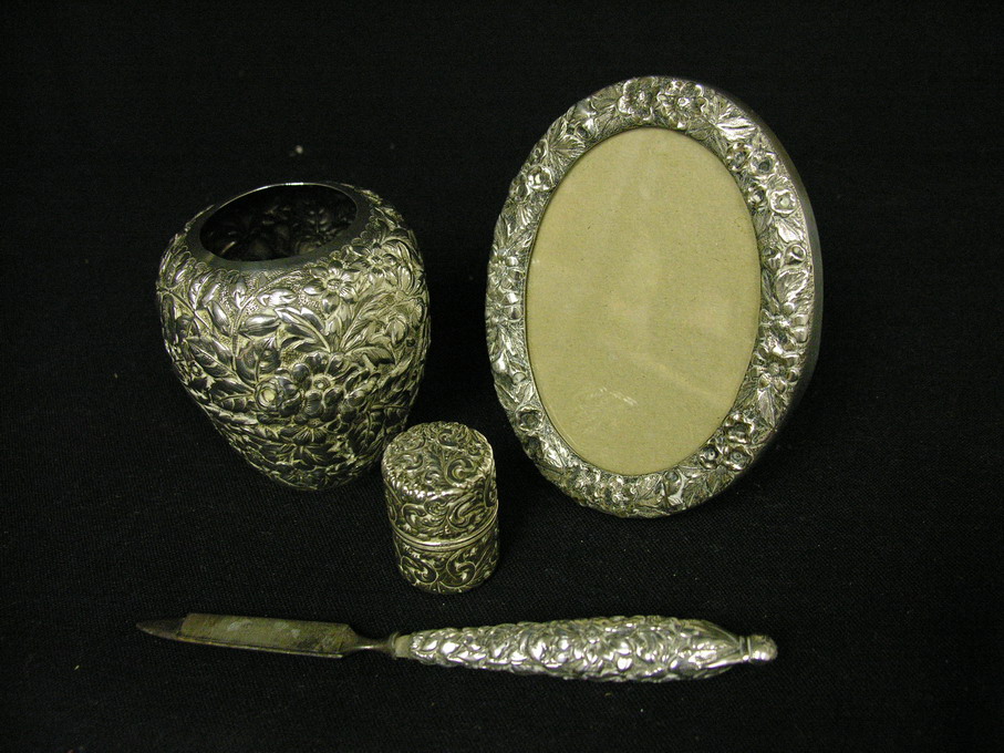 Appraisal: S KIRK STERLING REPOUSSE PIECE DRESSER SET Hair receiver picture