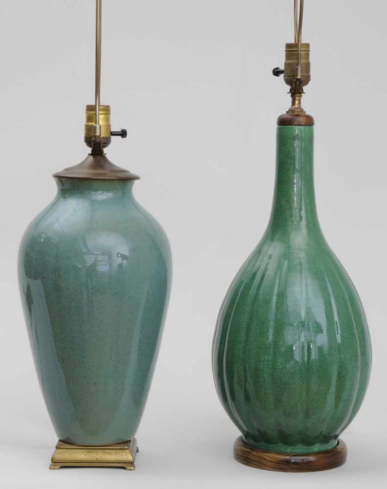 Appraisal: TWO CHINESE CRACKLE-GLAZED CERAMIC LAMPS The one green-glazed of fluted