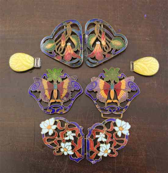 Appraisal: Three Art Nouveau brass and enamel belt buckles decorated with