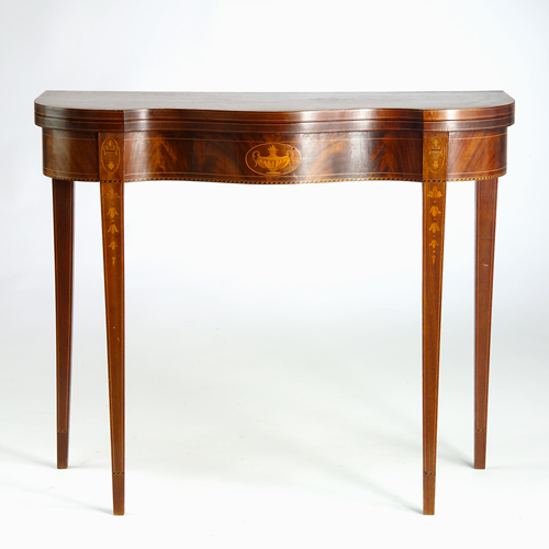 Appraisal: Serpentine-front mahogany card table with inlaid decoration to front apron