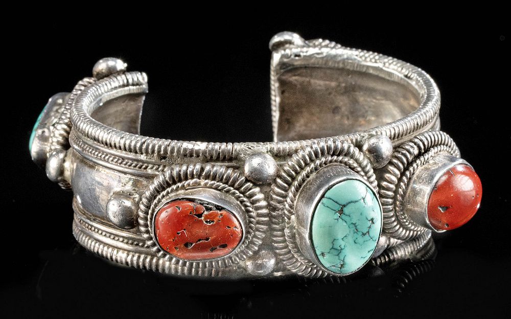 Appraisal: Vintage Tibetan Silver Coral and Turquoise Bracelet Originally Listed At