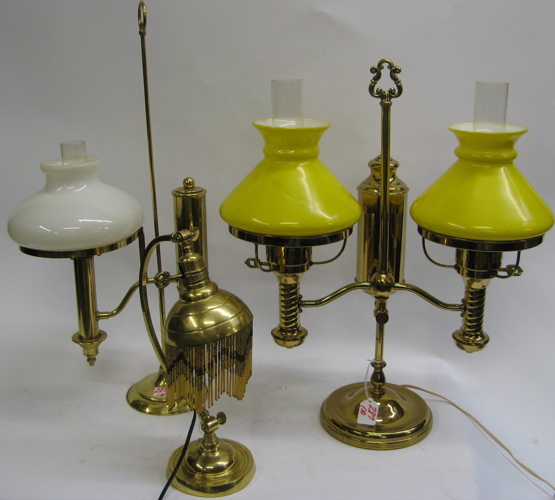 Appraisal: THREE BRASS TABLE STUDENT LAMPS a goose neck with brass