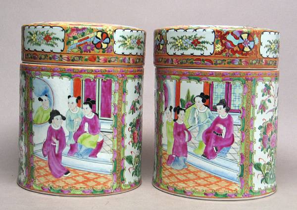 Appraisal: A pair of famille rose enameled porcelain covered jars imitating