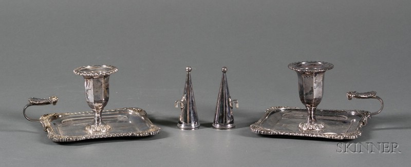 Appraisal: Pair of Georgian-style Sheffield Plate Chambersticks early th century The