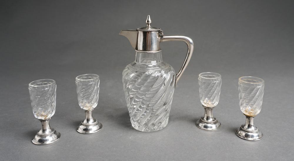 Appraisal: Austrian -Silver Mounted Decanter and Four Associated Silver Footed Cordials