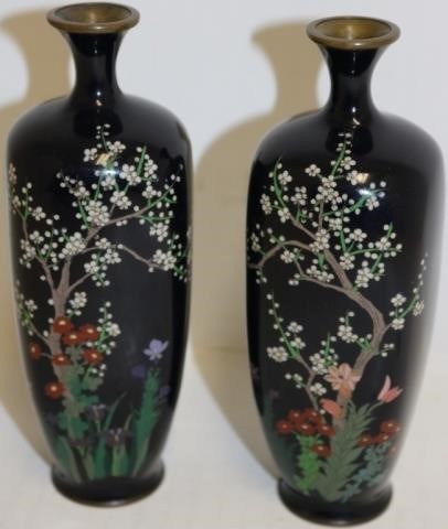 Appraisal: PAIR OF LATE TH C JAPANESE SILVER WIRE CLOISONNEVASES WITH