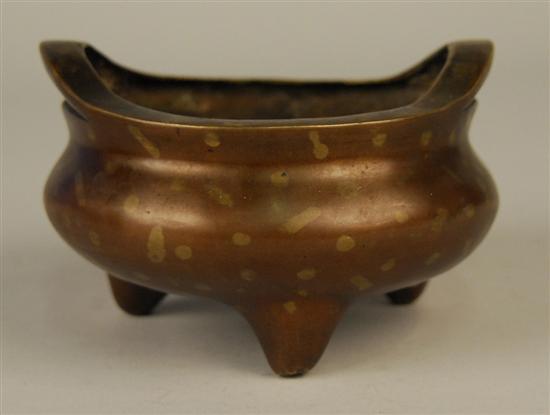 Appraisal: CHINESE GOLD SPLASHED BRONZE TRIPOD CENSER bears Xuande mark diameter