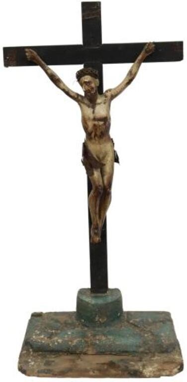 Appraisal: Large religious crucifix th c polychrome painted crucified Christ gesso