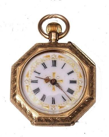 Appraisal: A K GOLD LADIES FOB WATCH with white enamel dial