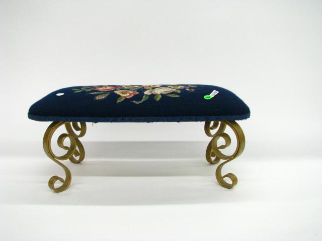 Appraisal: Floral Motif Needlepoint Gout Stool with Wrought Iron Legs