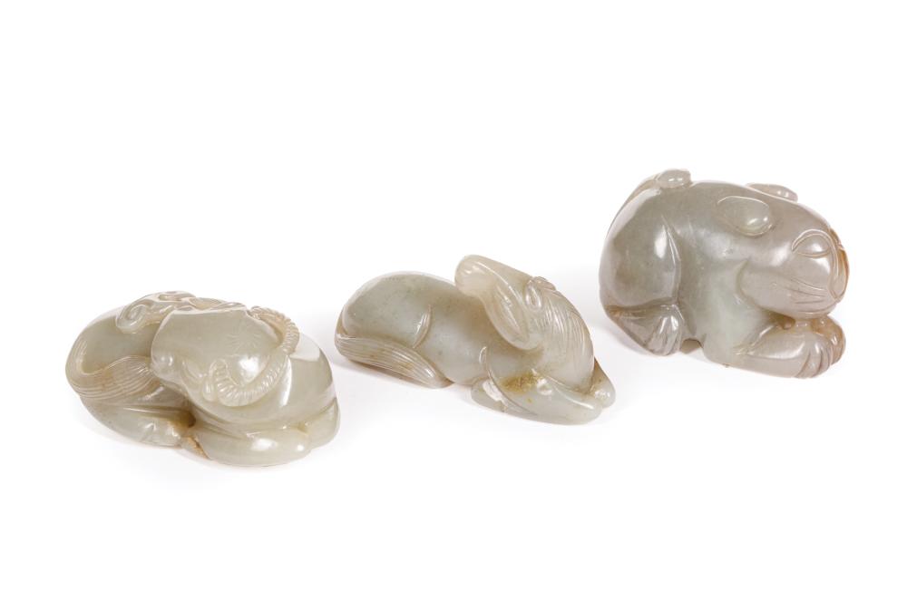 Appraisal: Three Chinese Celadon Jade Pieces incl buffalo and lingzhi l