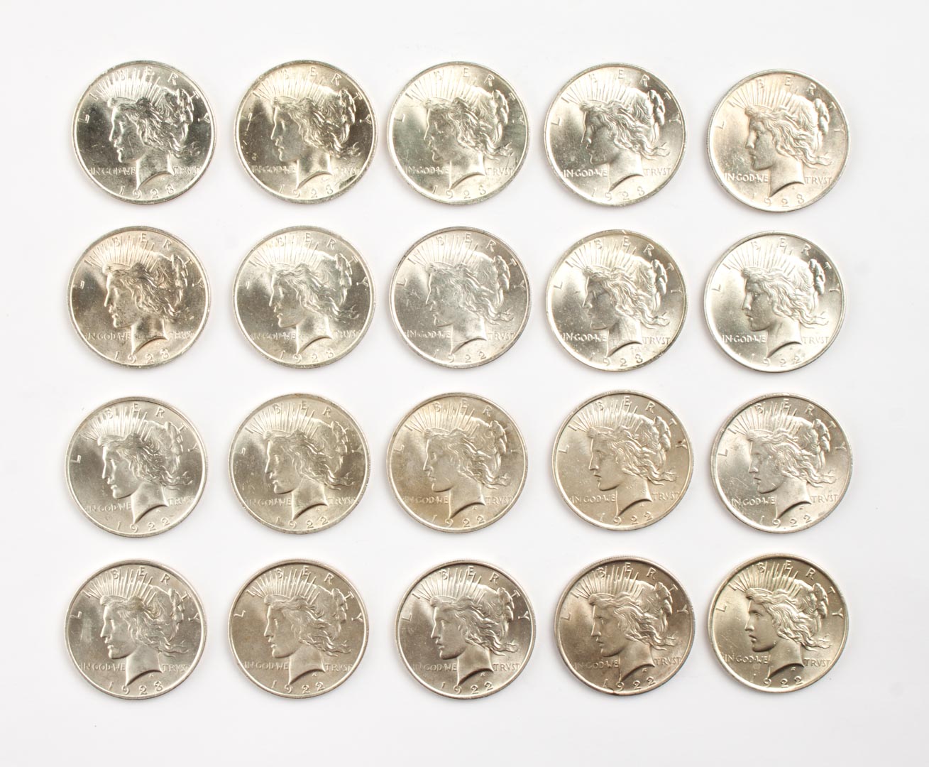 Appraisal: Twenty U S Peace type silver dollars -' comprising eleven