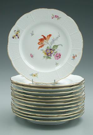 Appraisal: Set twelve Meissen service plates hand painted floral bouquets with