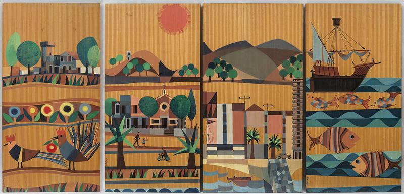 Appraisal: Santiago Estrany b Paisaje Urbano Four painted wood panels three