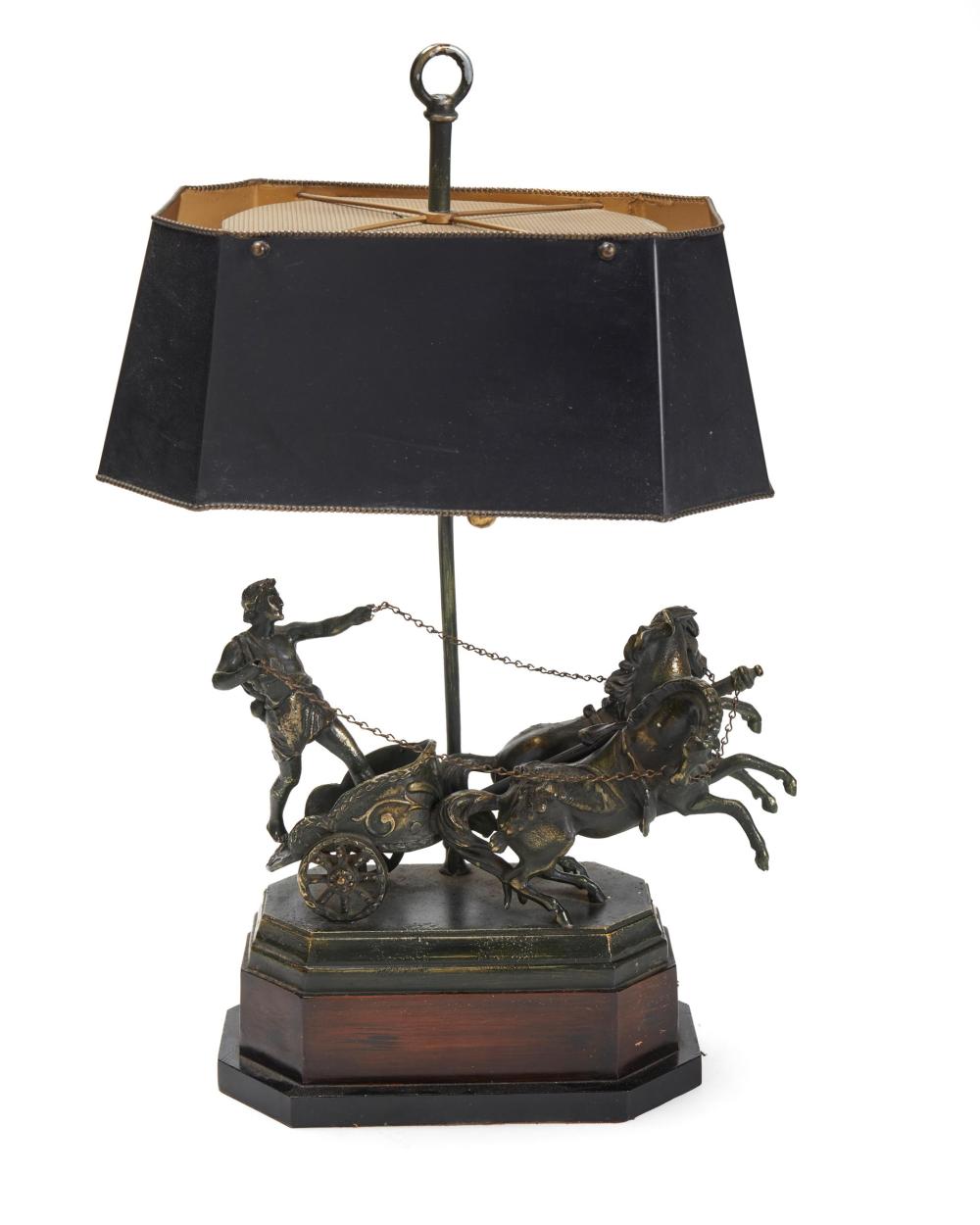 Appraisal: A mixed-metal chariot table lamp th Century The two-light painted