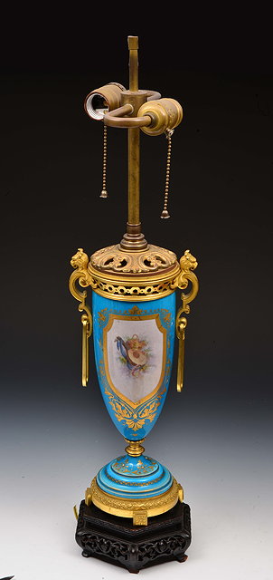 Appraisal: French probably Sevres bleu celeste lampcirca with ormolu mounts painted