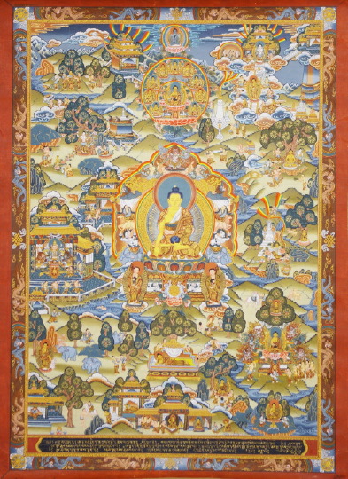 Appraisal: Tibetan Elaborately Illuminated and Parcel-Gilt Tanka Panel second quarter th