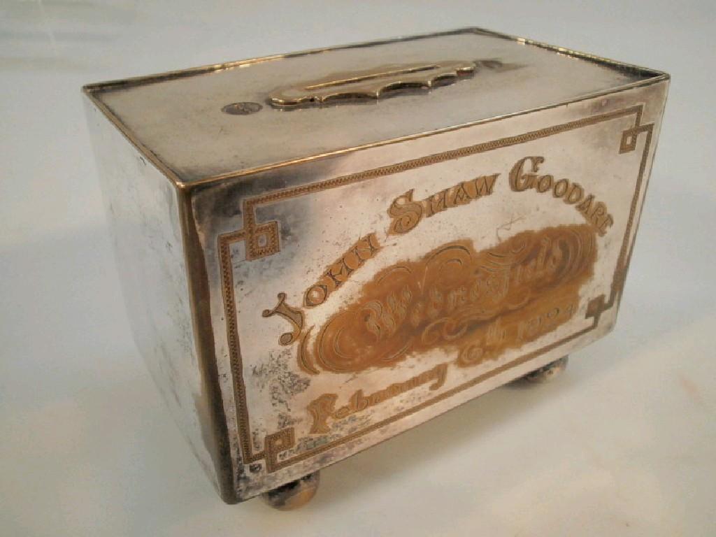 Appraisal: A silver-plated rectangular cigarette box on four ball feet inscribed