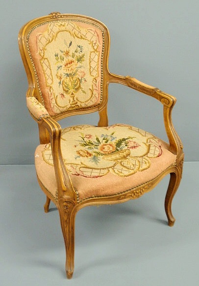 Appraisal: French fauteuil style open armchair with needlepoint seat and back