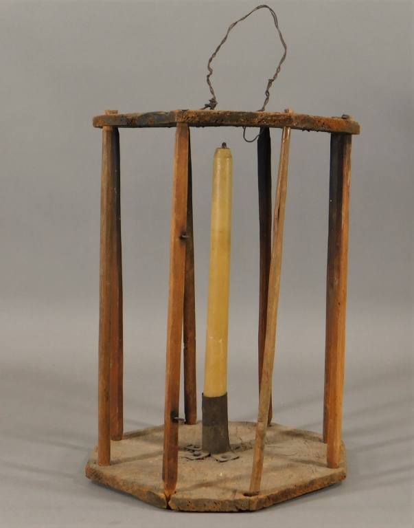 Appraisal: C PRIMITIVE HANGING WOOD CANDLEHOLDER LANTERN United States th CenturyOctagonal