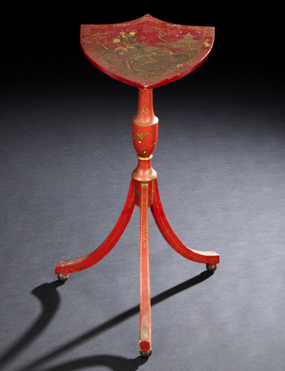 Appraisal: Regency Red-Lacquered Occasional Table early th century the shield-form top