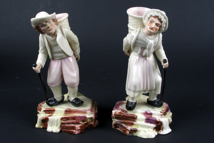 Appraisal: PAIR IRISH BELLEEK FIGURES titled Belgian Hawkers first black mark