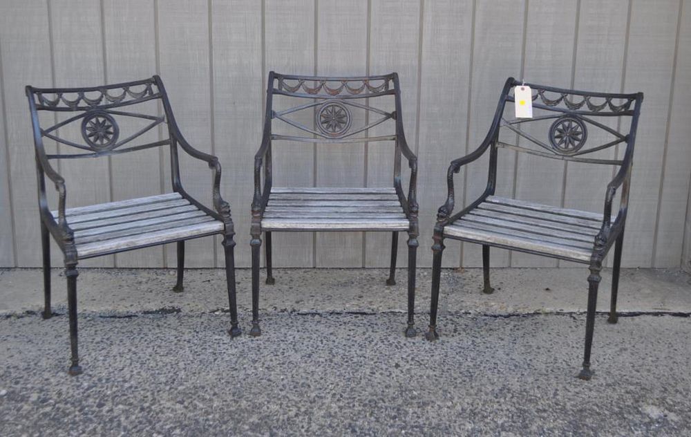 Appraisal: Three Regency Style Cast Iron Garden Armchairs Pat Marcy Foundry