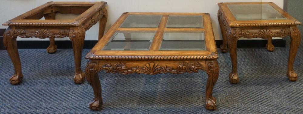 Appraisal: SQUARE CARVED MAHOGANY COCKTAIL TABLE AND PAIR END TABLESSquare Carved