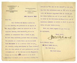 Appraisal: Houdini Harry Attorney s Letter to Houdini Regarding Possible Libel